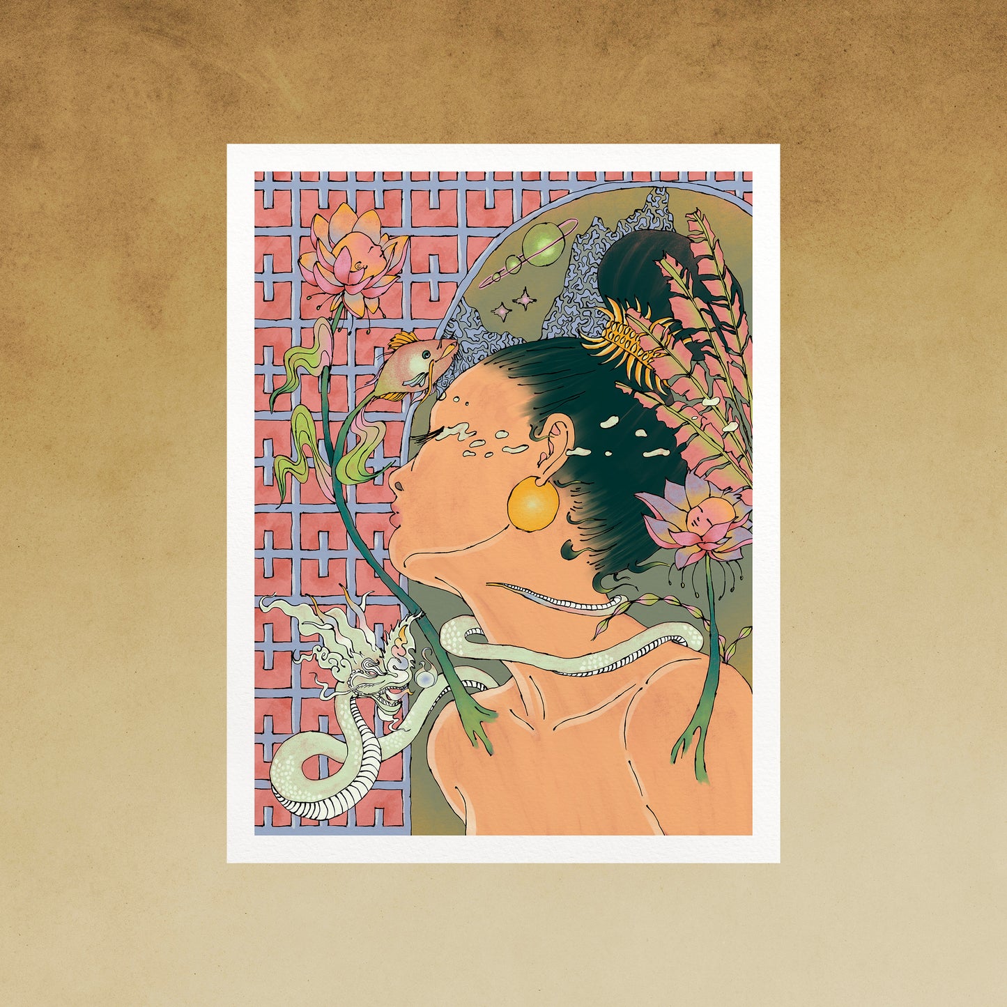 Artistic illustration of a person with floral and dragon elements on a beige background