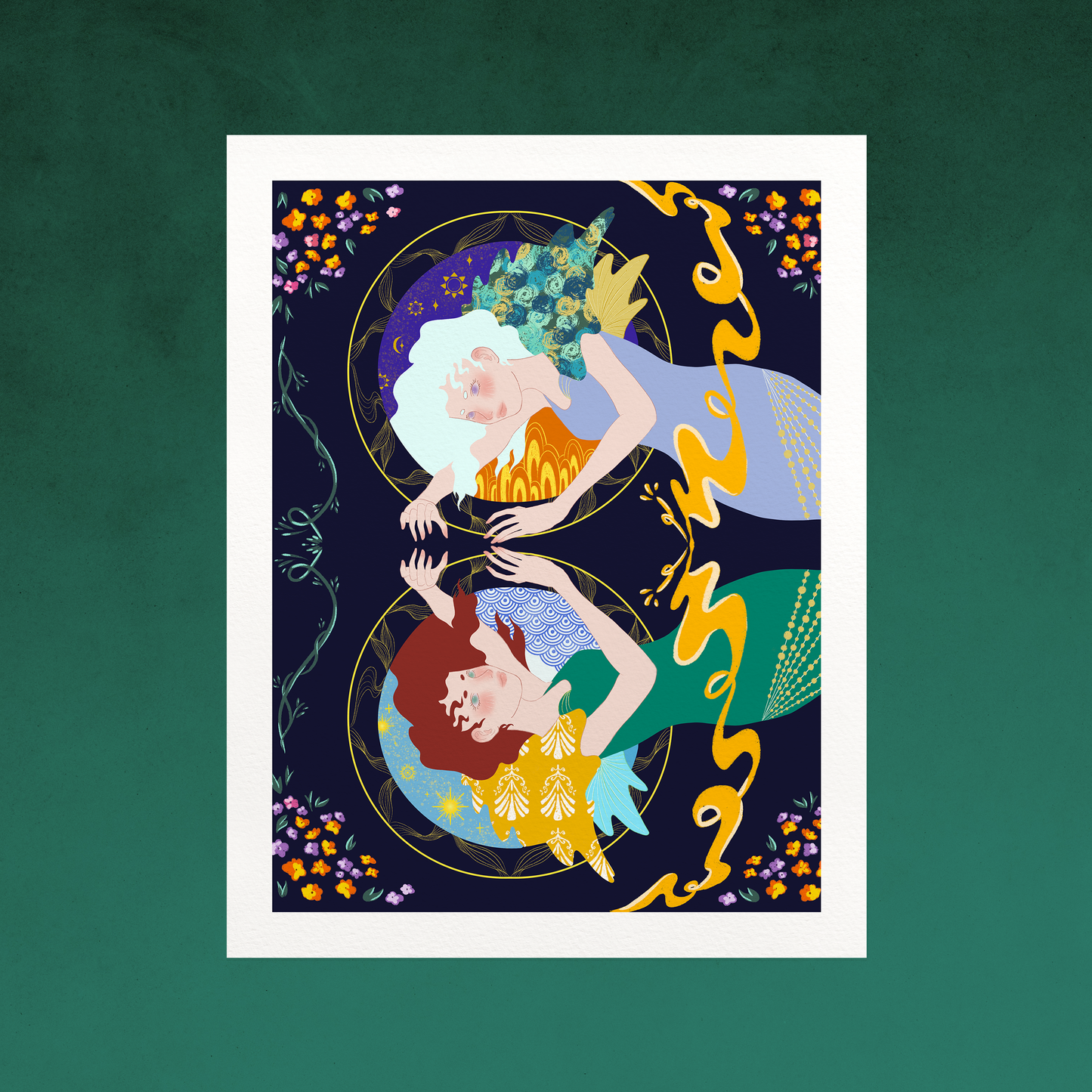 Two figures inspired by the greek myth Gemini facing each other on opposide sides with gold decorative elements and floral background.