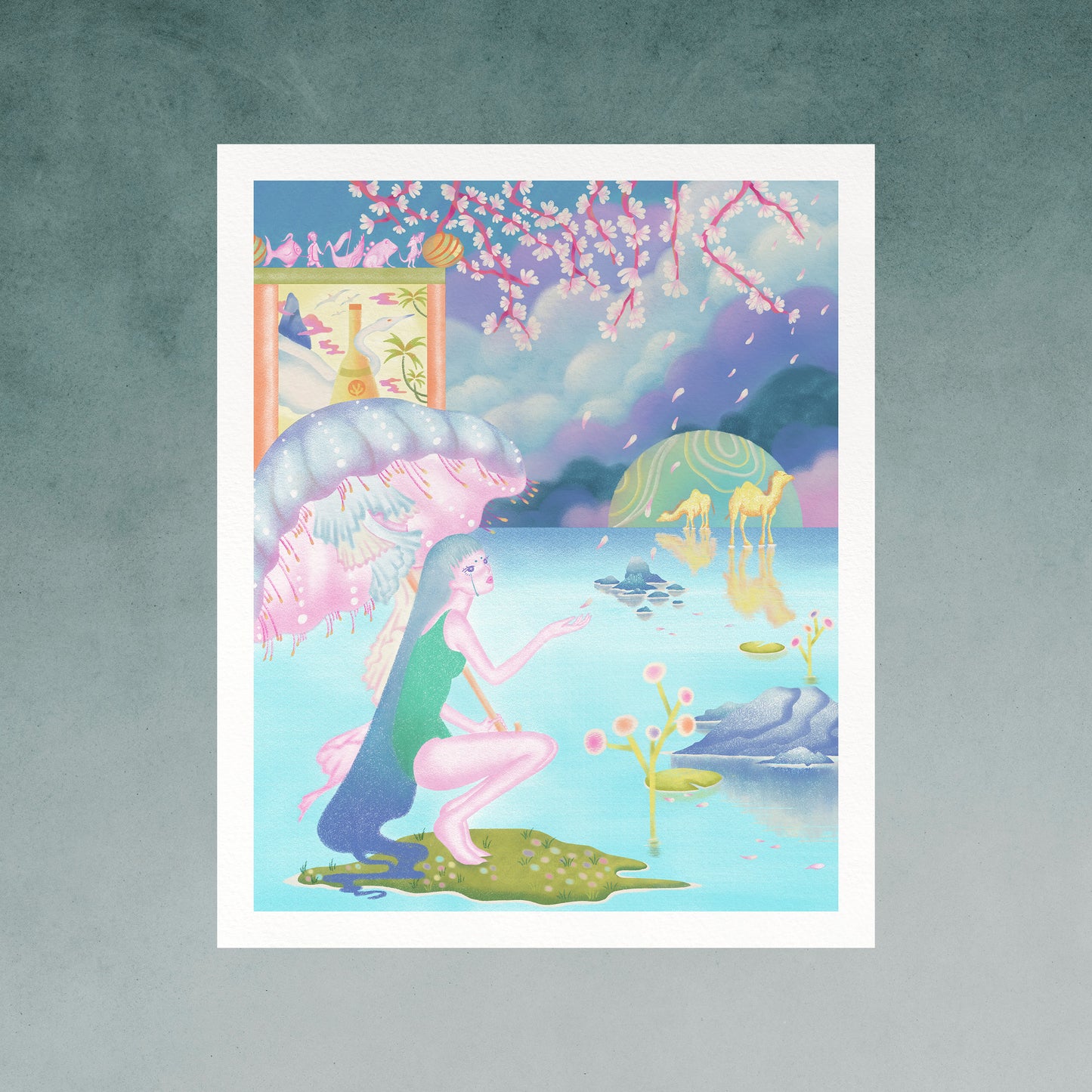 Art print of a stylized woman holding a jellyfish umbrella with water, cherry blossoms, and camels in the background.