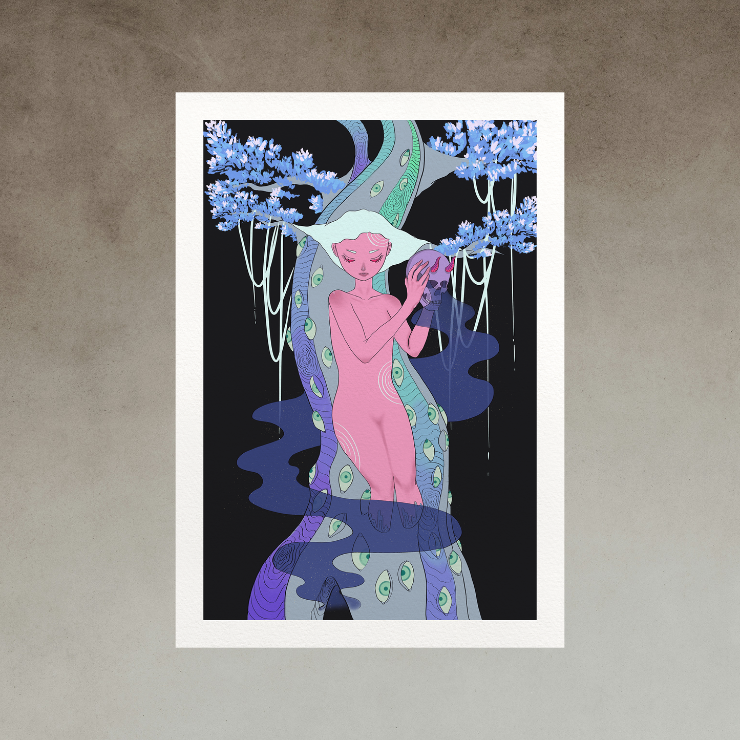 Artwork of a pink woman with white hair holding a skull against a tree.