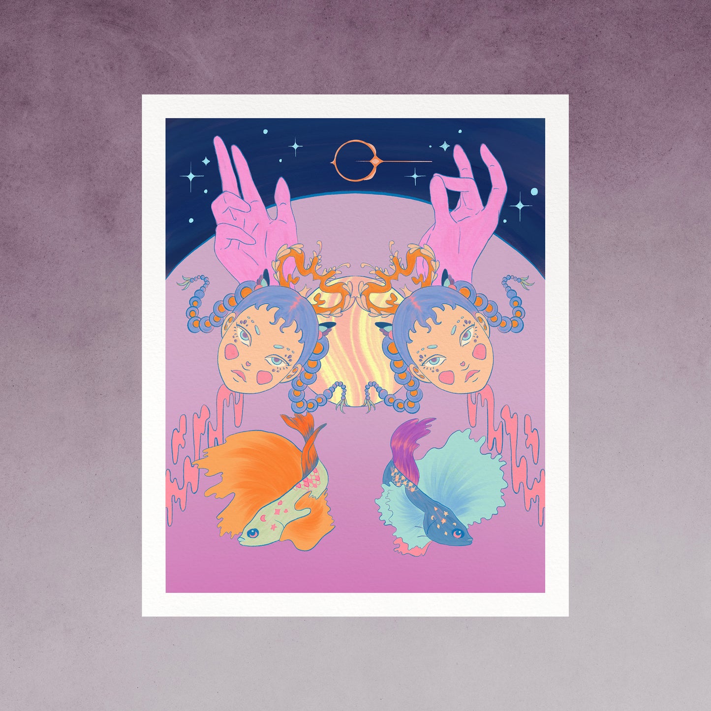 Art print illustration of twins in front of a planet background and two identical fishes. There are two hands with Ancient Greek orator gestures.
