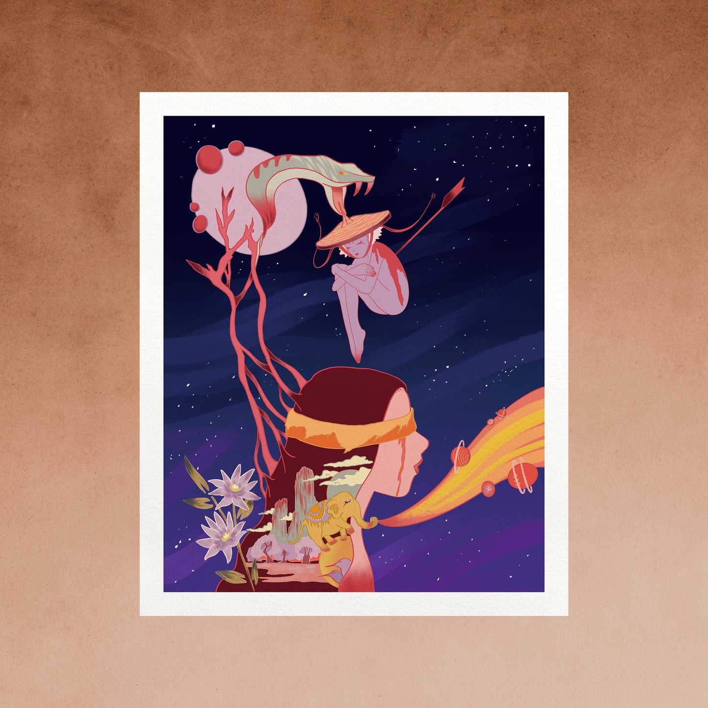 Art print illustration of a woman with a blind fold and a snake with a tongue connected to another small fairy with an arrow in it's back against a space background.