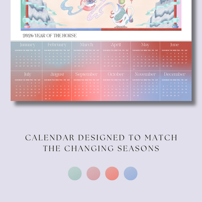 Calendar with colorful design and text on a light gray background