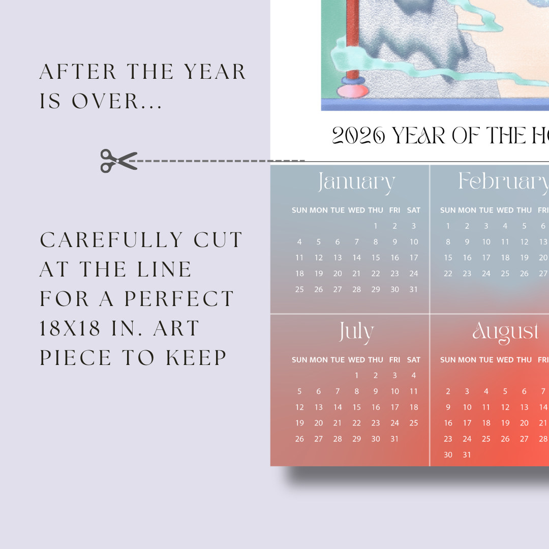 Calendar with cut line for an 18x18 inch art piece, featuring text and a decorative element.