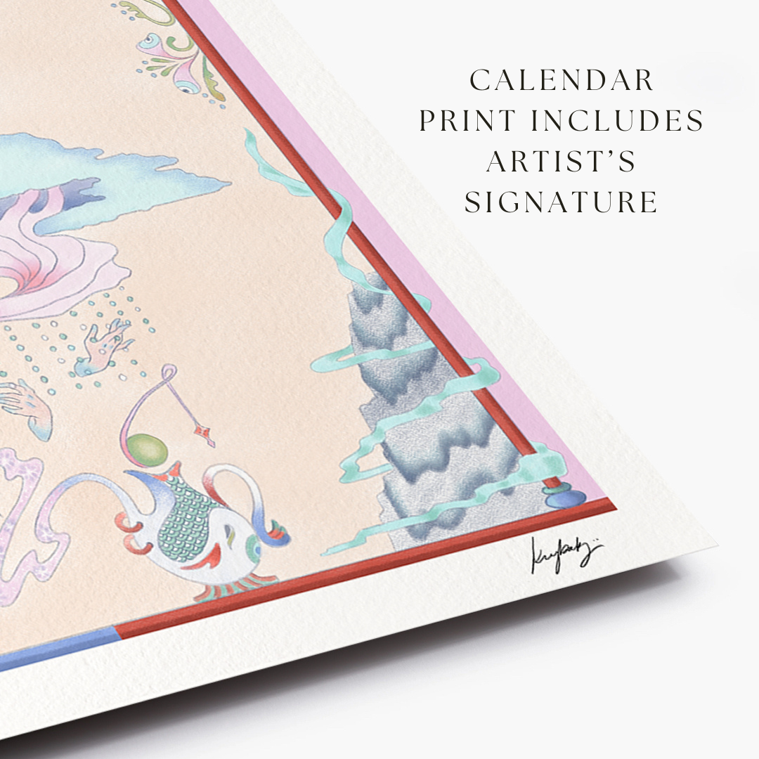 Calendar print with artistic design and text indicating artist's signature