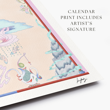 Calendar print with artistic design and text indicating artist's signature