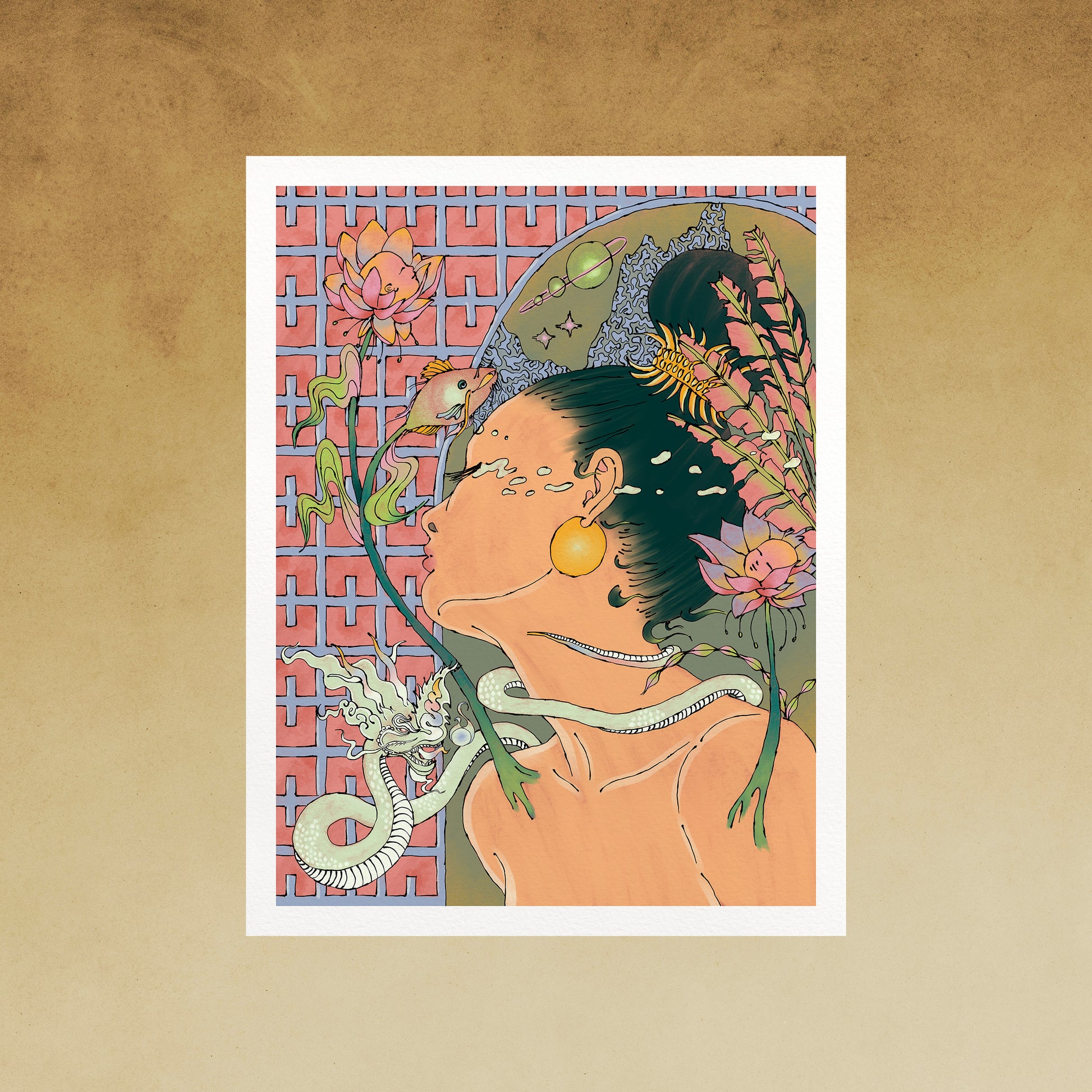 Artistic illustration of a person with floral and dragon elements on a beige background