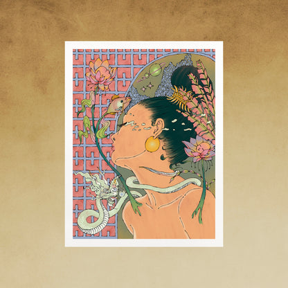 Artistic illustration of a person with floral and dragon elements on a beige background