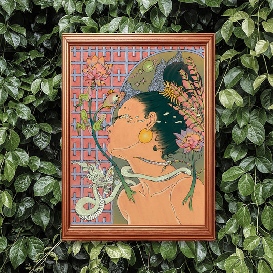 Framed illustration of a stylized woman with plants , a dragon, and water in the background.
