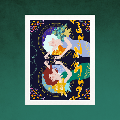 Two figures inspired by the greek myth Gemini facing each other on opposide sides with gold decorative elements and floral background.