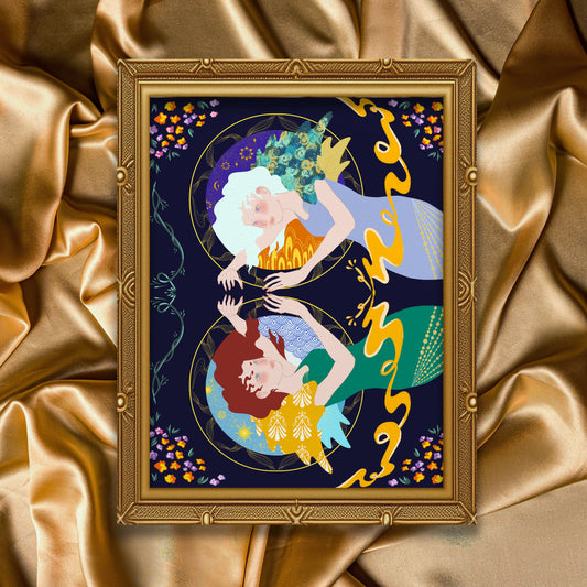 Two figures inspired by the greek myth Gemini facing each other on opposide sides with gold decorative elements and floral background.