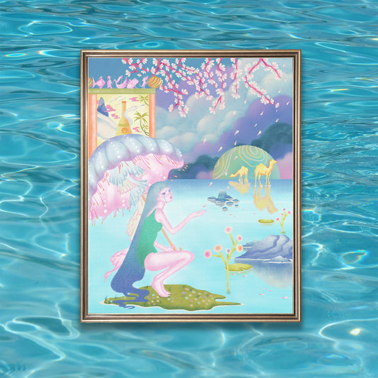 Framed illustration of a stylized woman holding a jellyfish umbrella with water, cherry blossoms, and camels in the background.