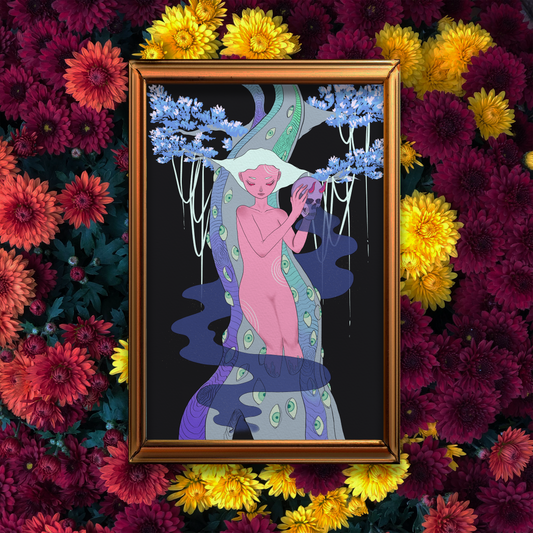 Artwork of a pink woman with white hair holding a skull against a tree.