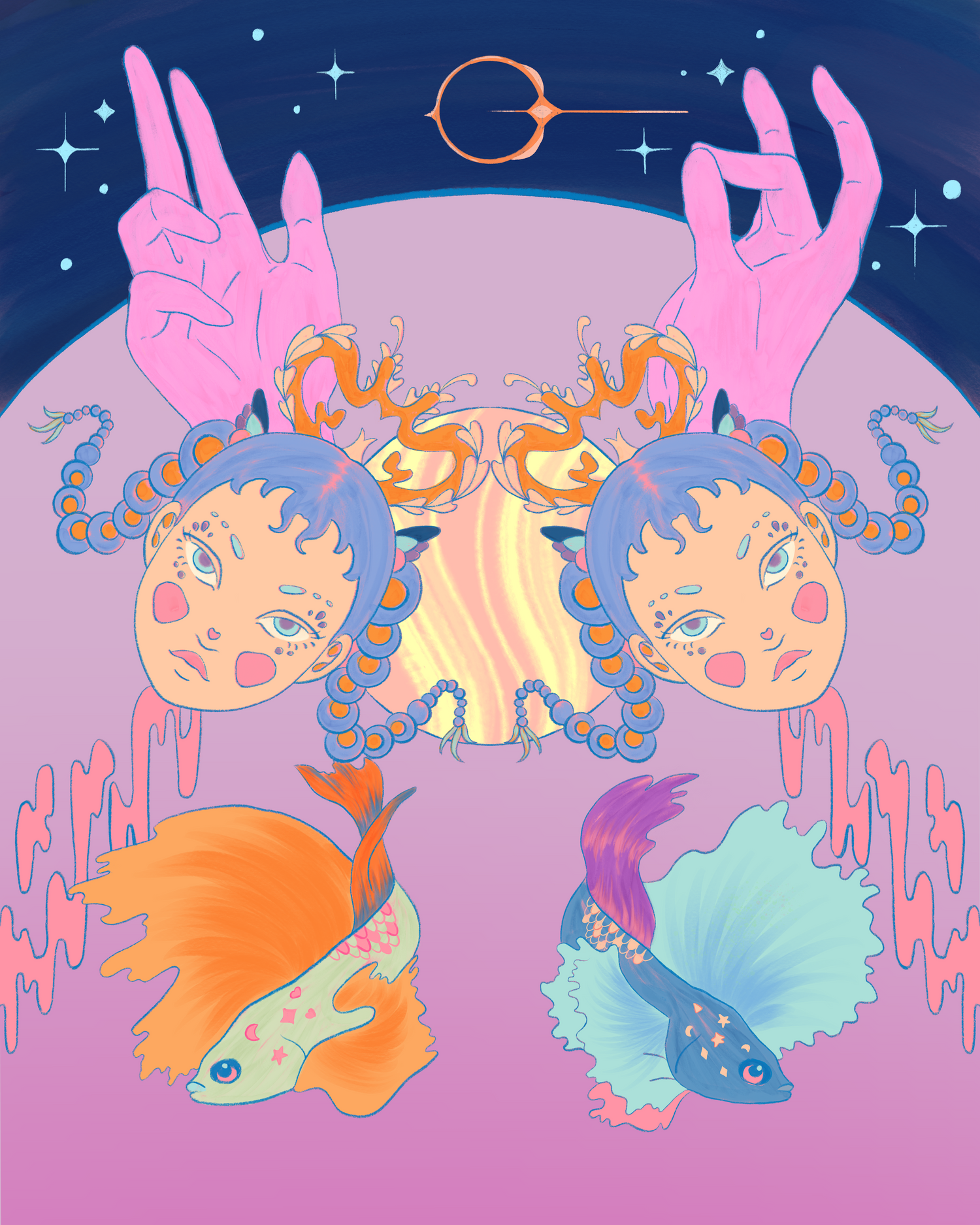 illustration of two women with pigtails and two fishes against a space and spiritual background