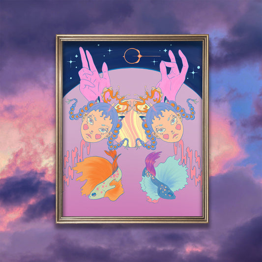 Art print illustration of twins in front of a planet background and two identical fishes. There are two hands with Ancient Greek orator gestures.