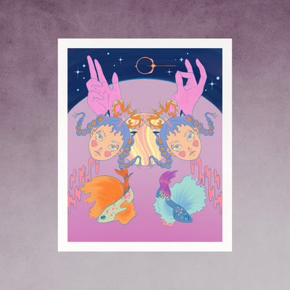 Art print illustration of twins in front of a planet background and two identical fishes. There are two hands with Ancient Greek orator gestures.