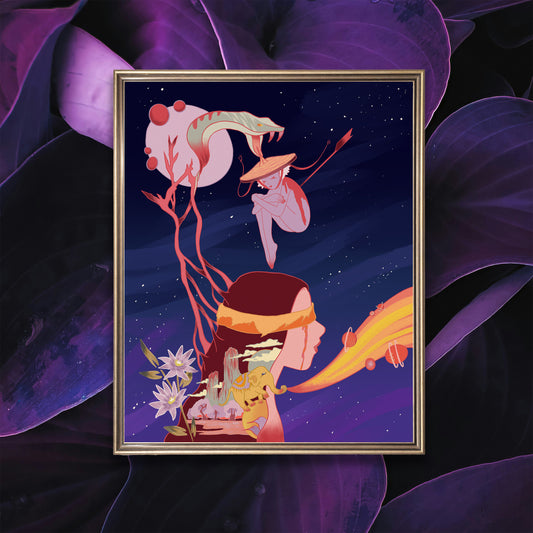 Art print illustration of a woman with a blind fold and a snake with a tongue connected to another small fairy with an arrow in it's back against a space background.