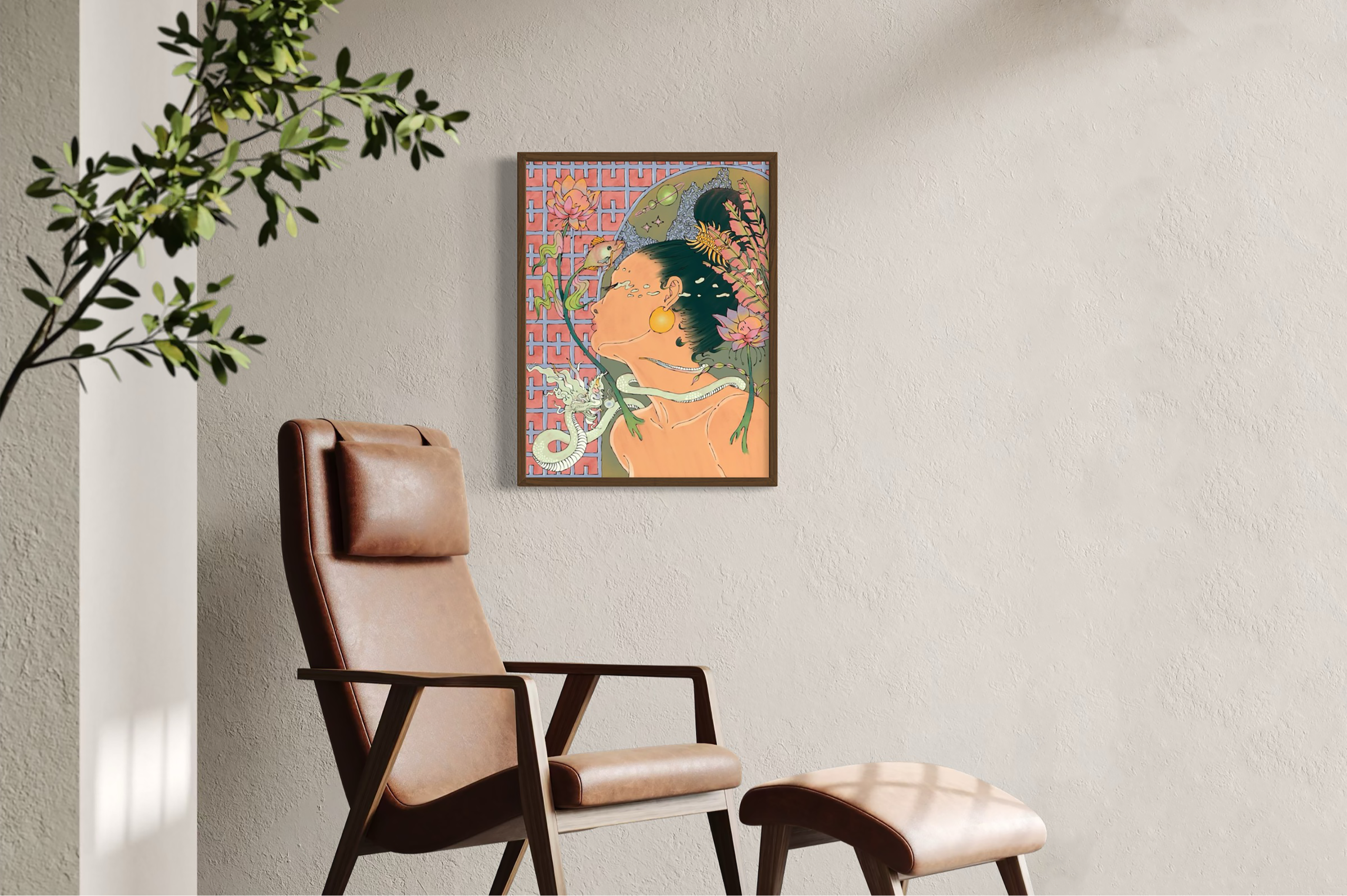 Framed artwork of a woman on a wall with a chair and plants in the background.
